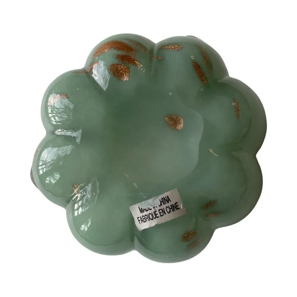 Hand Blown Art Glass Deco Pumpkin Bowl Vase Green Swirl  Metallic Accents NWT